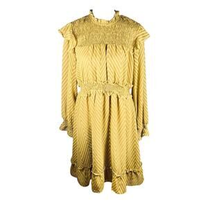 Walter Baker Mercy Ruffle Dress Gold Mustard Chevron Smocked Mock Neck Size M